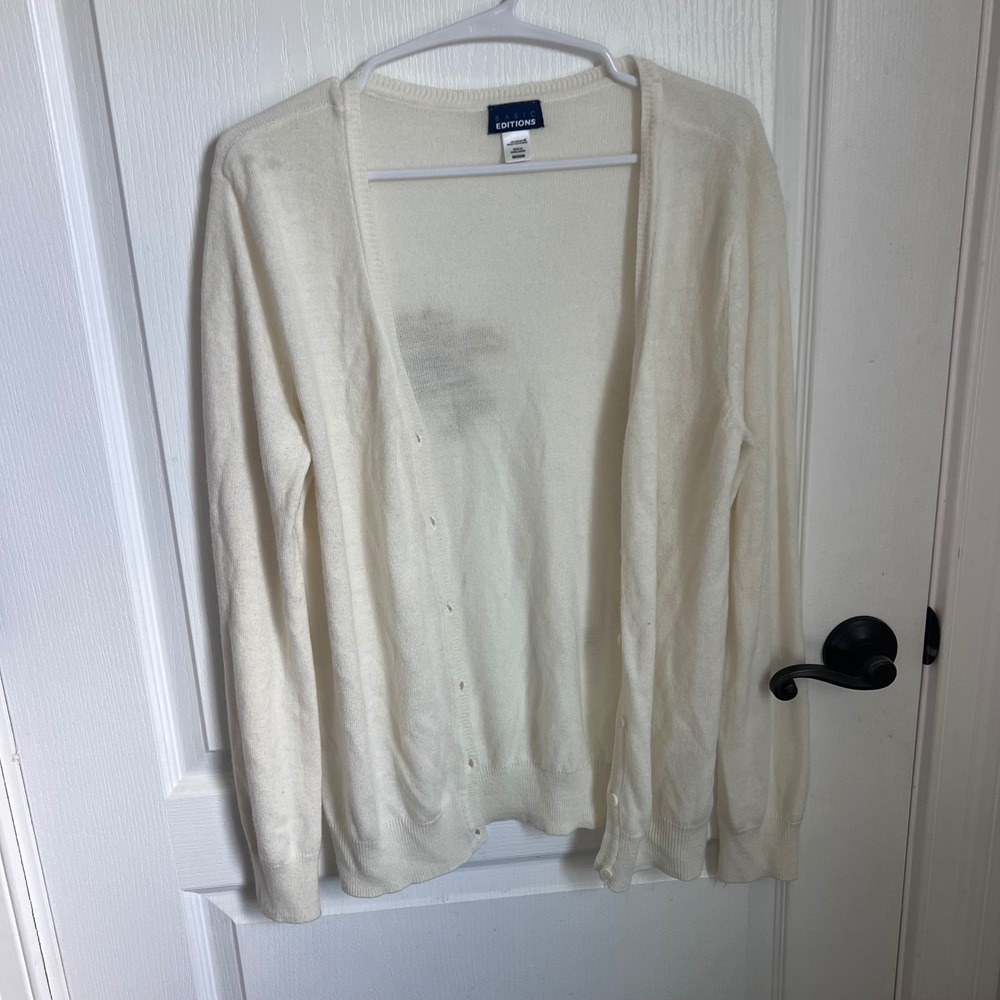 Basic Editions Womens Medium Off White V-Neck Button Front Cardigan Sweater Knit